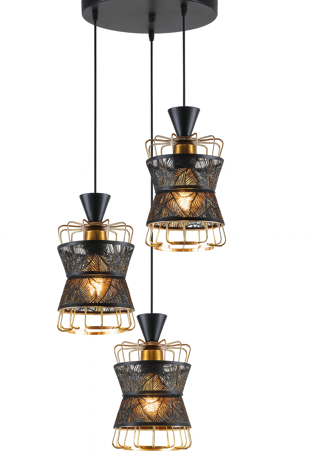 Lámpara colgante decorativa de 3 luces negro y dorado | Diseño moderno