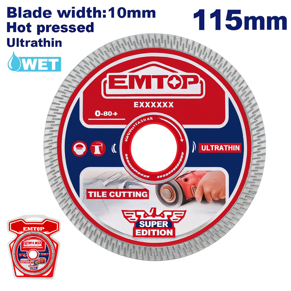 Disco diamantado ultrafino EMTOP 115 mm x 22.2 mm con borde tipo malla y brida incluida