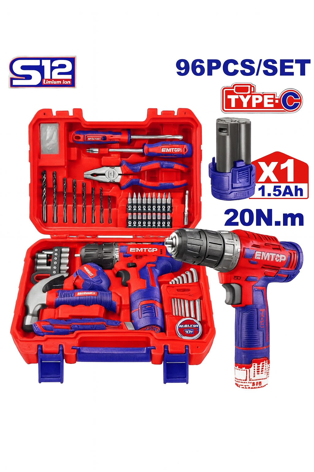 Juego de herramientas de 96 piezas con taladro inalámbrico de 12V y accesorios domésticos