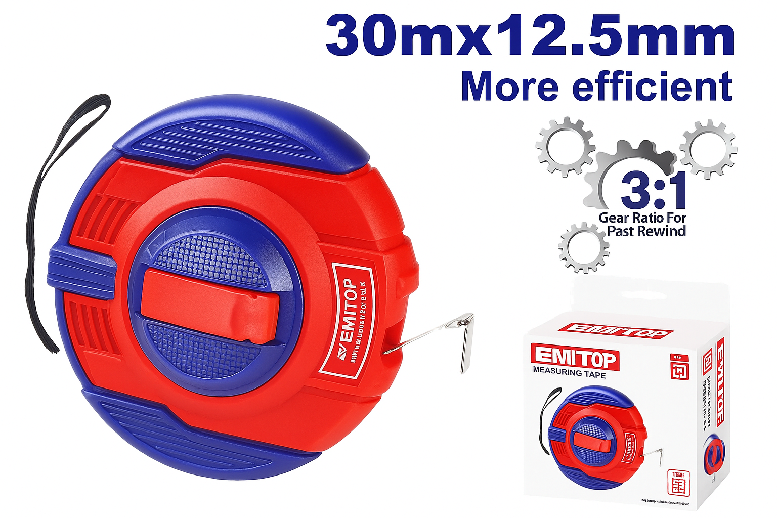 Cinta métrica de acero de 30 m x 12.5 mm con engranaje 3:1 y cubierta de goma