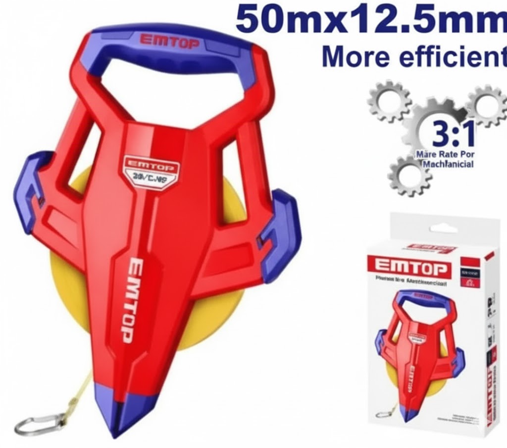 Cinta métrica de fibra de vidrio de 50 m x 12.5 mm con engranaje 3:1 y mango ergonómico
