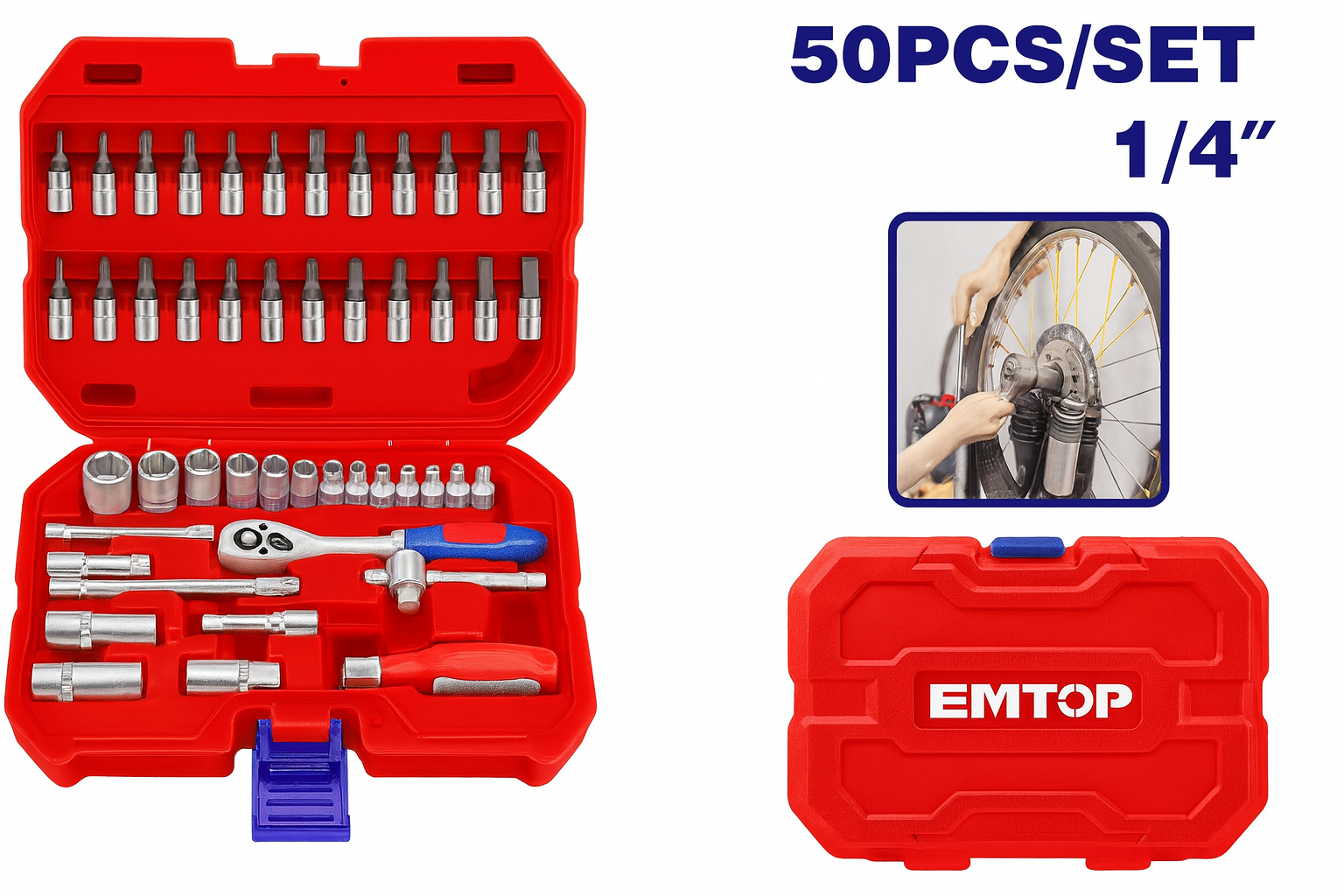Juego de copas 1/4" de 50 piezas Cr-V con maneral de carraca, extensiones y estuche plástico