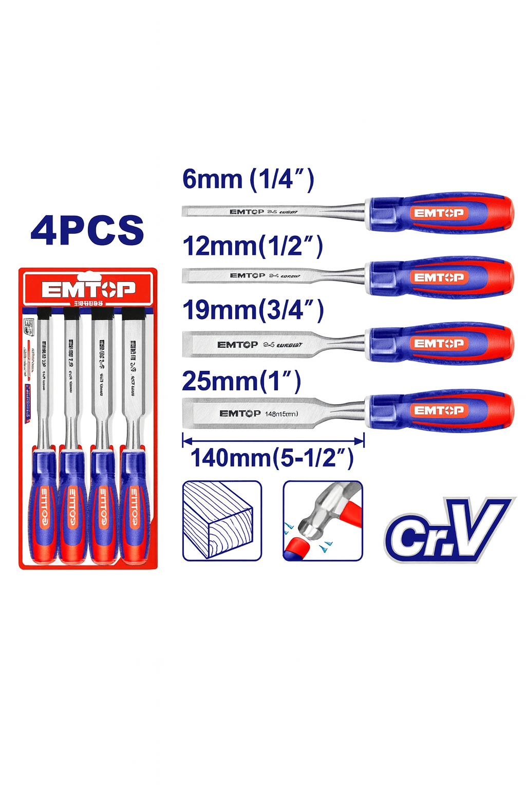 Juego de formones para madera de 4 piezas Cr-V (6, 12, 19 y 25 mm)