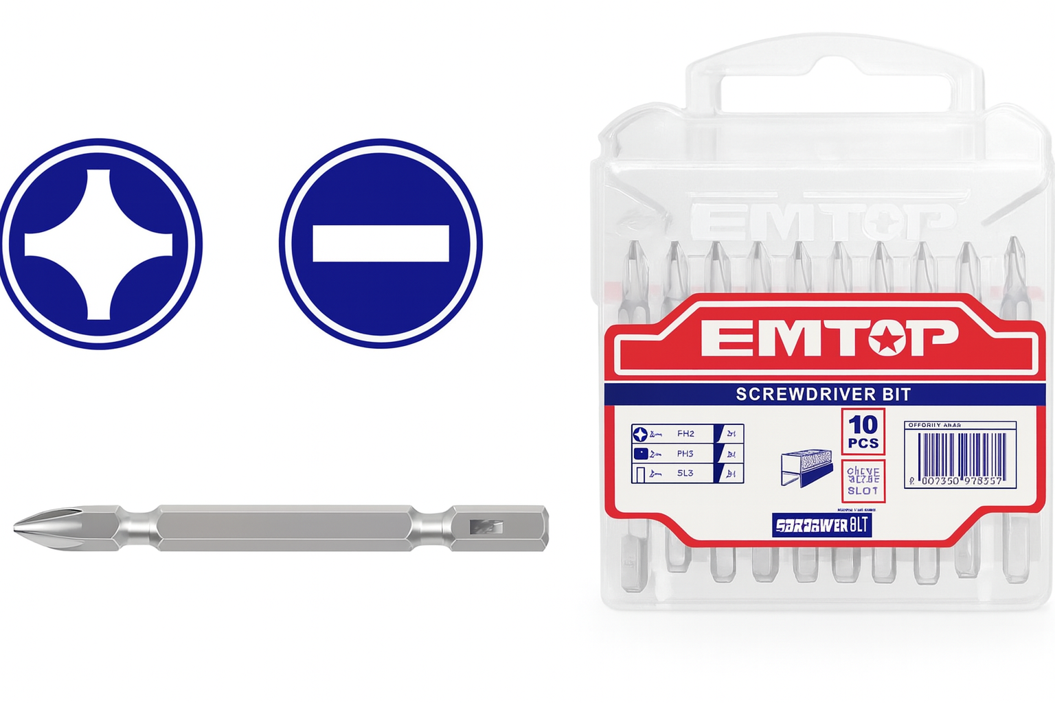 Set de puntas dobles EMTOP PH2 + SL6.0 (65 mm) magnéticas de acero S2 – 10 piezas con estuche