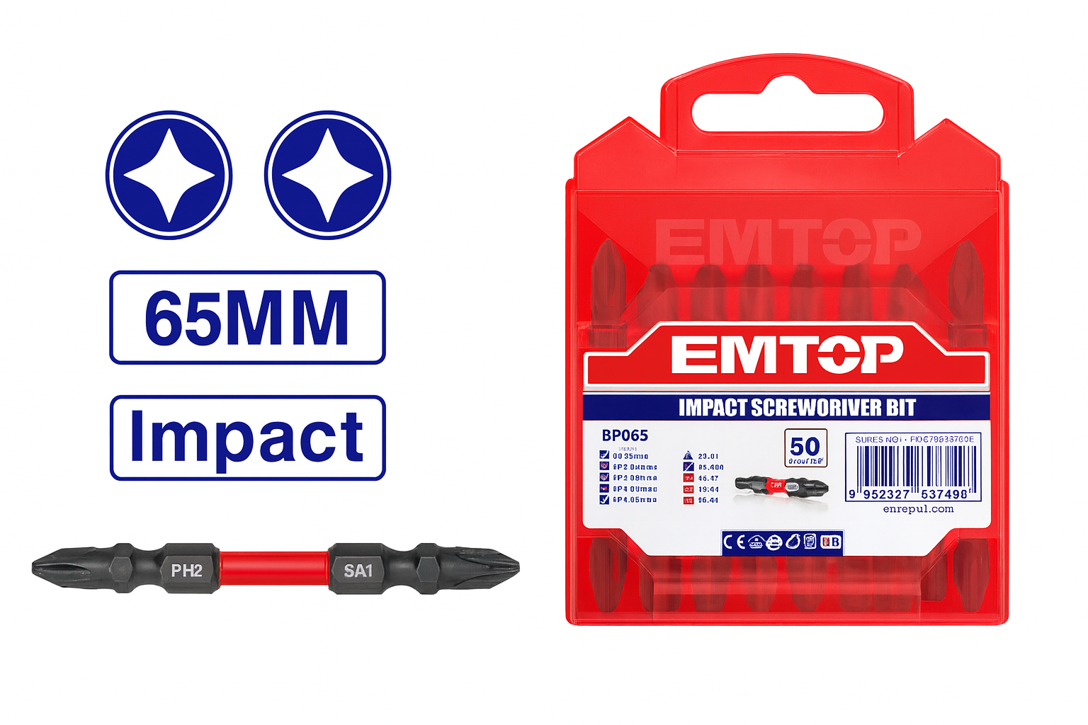 Set de puntas de impacto EMTOP PH2 + PH2 (65 mm) magnéticas con funda visible – 10 piezas