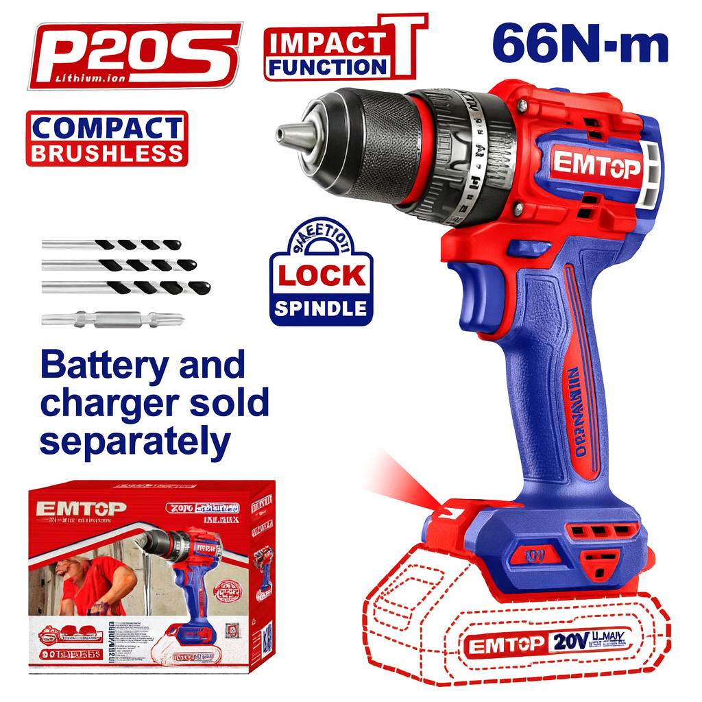 Taladro percutor inalámbrico compacto sin escobillas EMTOP 20V con mandril metálico de 13 mm y 2 velocidades mecánicas