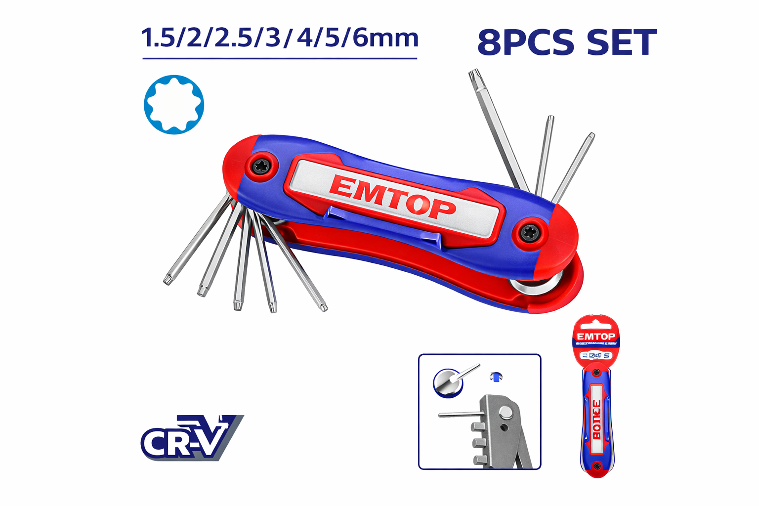 Juego de Llaves Torx Profesionales EMTOP - 8 Piezas Plegables