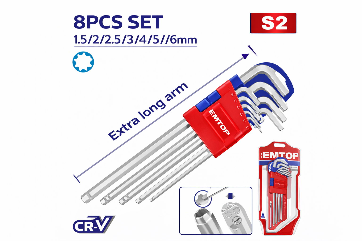 Juego de Llaves Torx EMTOP - De Brazo Extra Largo