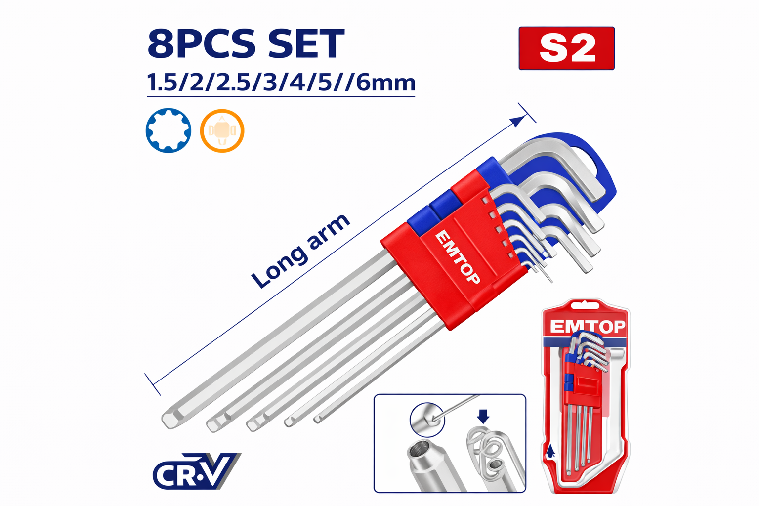 Set de Llaves Hexagonales EMTOP - Piezas de Brazo Largo con Punta de Bola