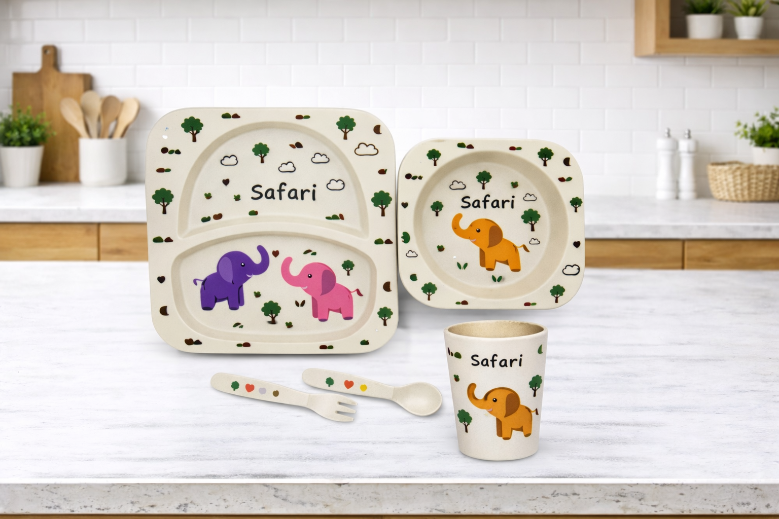 Set de Vajilla Infantil Safari con Plato, Bowl, Vaso y Cubiertos