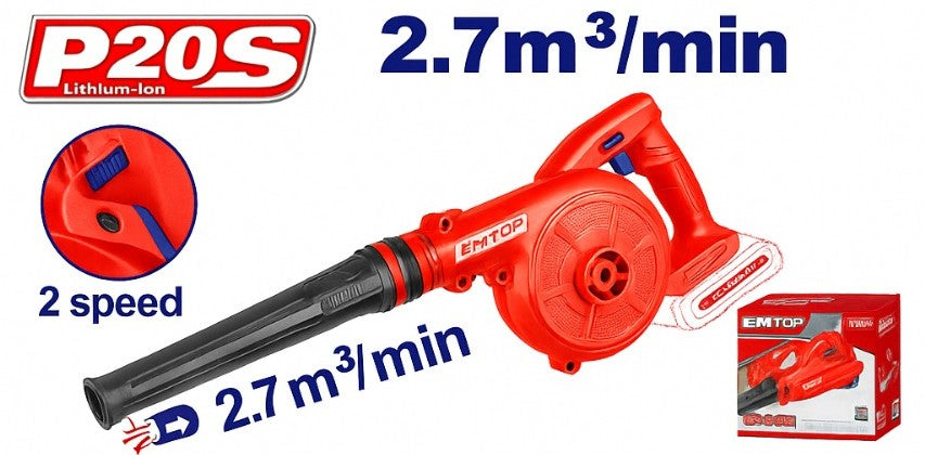 Sopladora Inalámbrica 20V con 2 Velocidades –  (2.7 m³/min, 18,000 rpm)