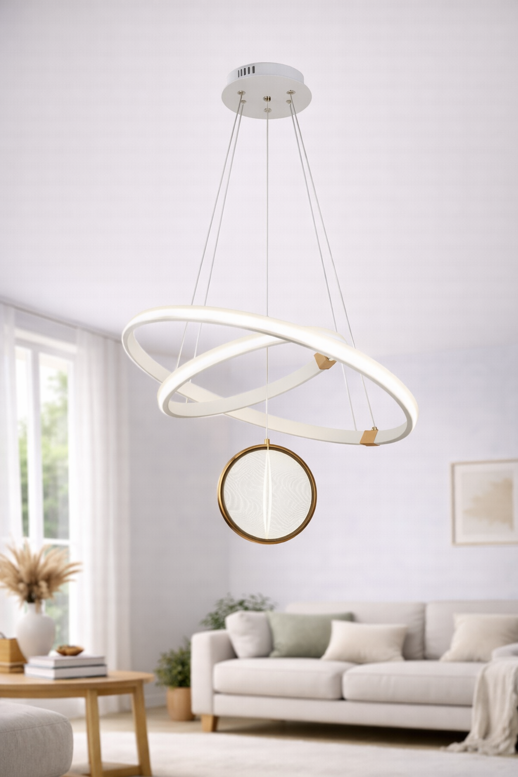 Lámpara LED colgante doble aro blanco & dorado ✨