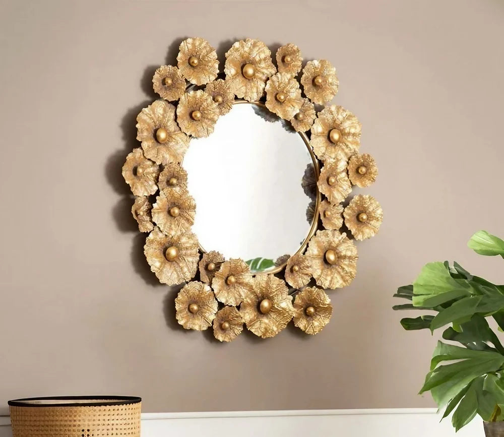 Espejo Decorativo Redondo con Diseño Floral Dorado