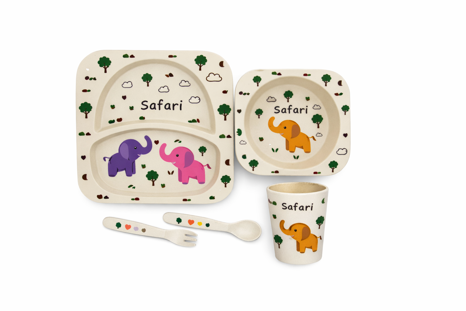 Set de Vajilla Infantil Safari con Plato, Bowl, Vaso y Cubiertos