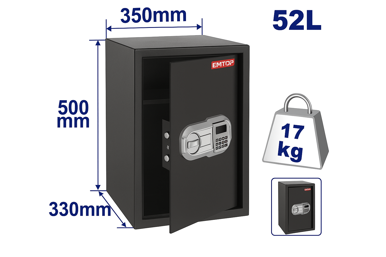 Caja Fuerte Electrónica 52L – (Código Digital, 4 mm Puerta / 2 mm Cuerpo, Montaje en Pared o Piso)