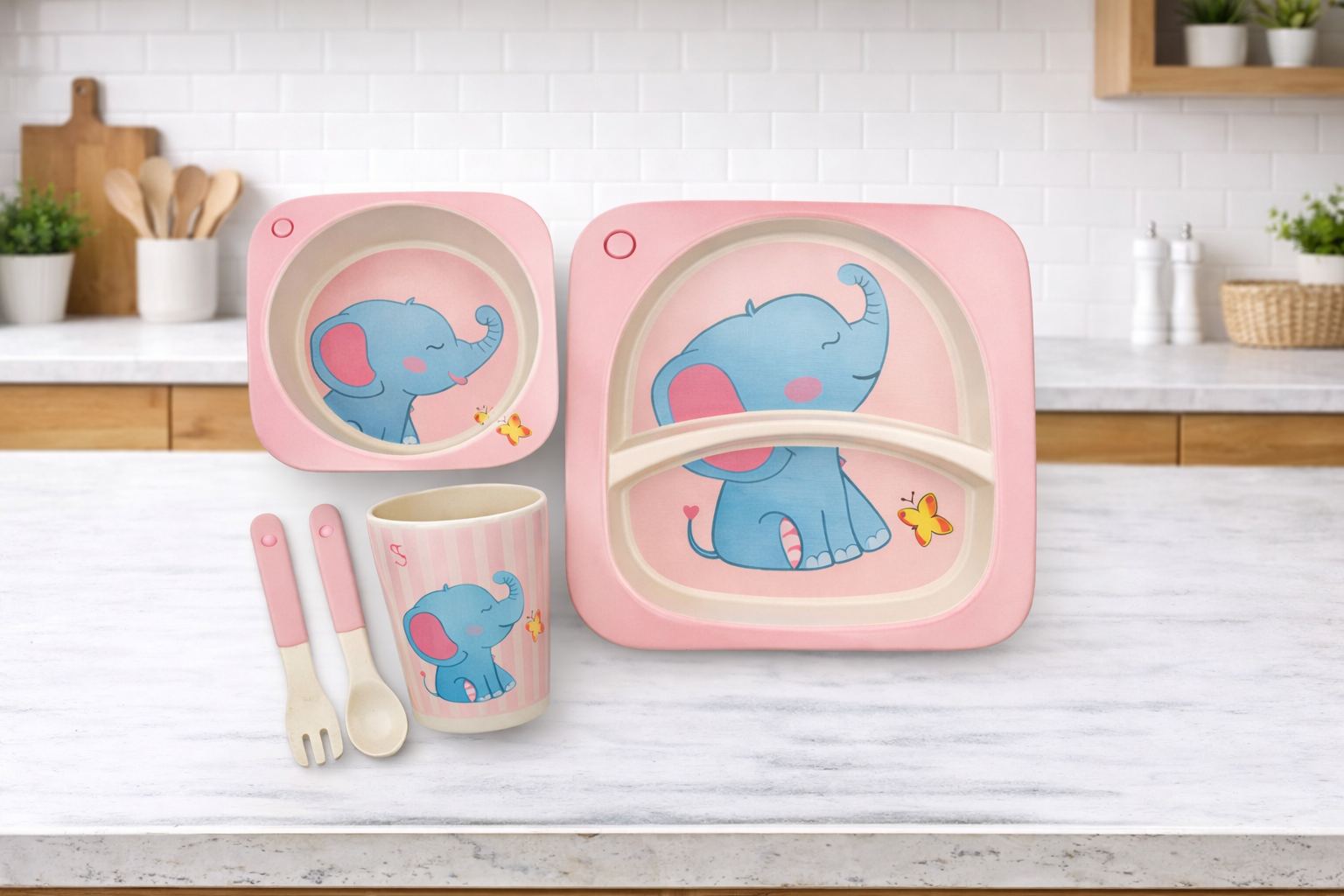 Set de Vajilla Infantil Elefante con Plato, Bowl, Vaso y Cubiertos