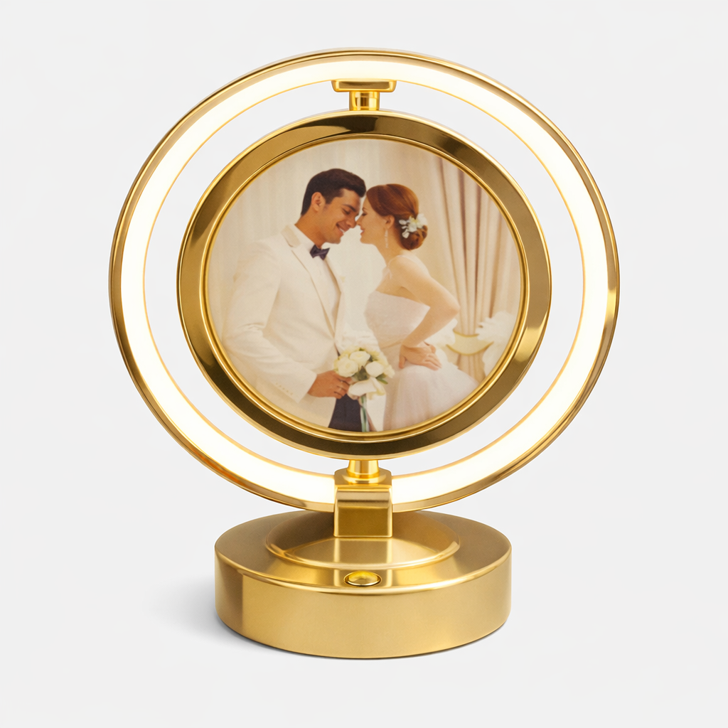 Portarretrato decorativo con luz LED circular dorada
