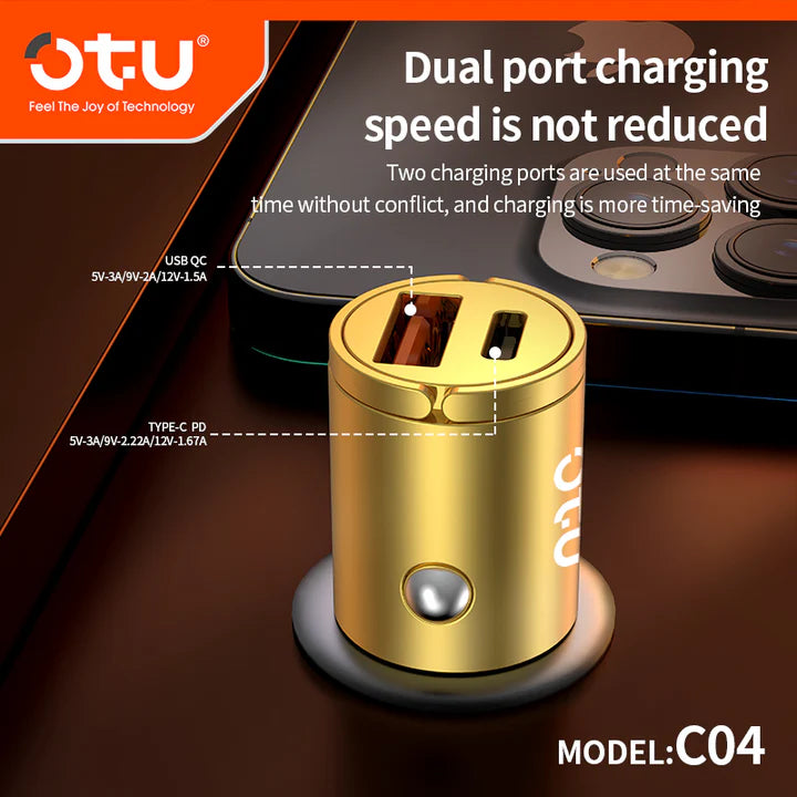 Cargador para Auto Dorado con USB + Type-C – Estilo y Carga Eficiente