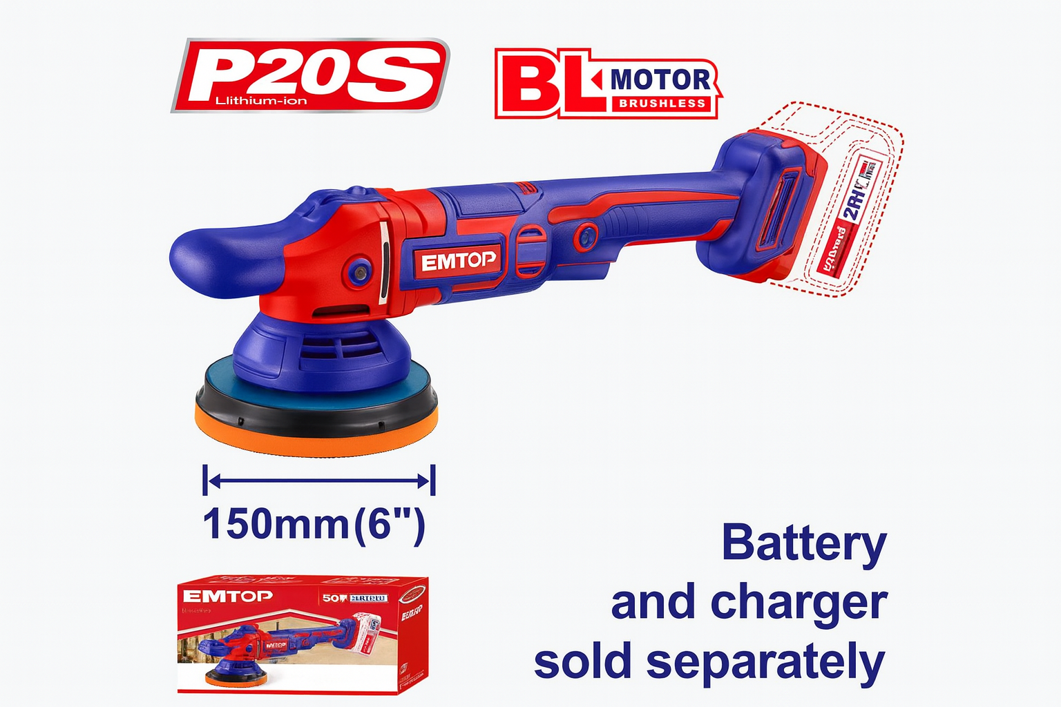 Pulidora inalámbrica EMTOP 20V sin escobillas con control de velocidad variable y bonete de 150 mm