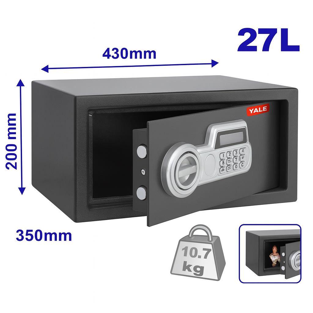 Caja Fuerte Electrónica 27L –  (Código Digital 3–8 Dígitos, Acero Reforzado, Montaje en Pared o Piso)