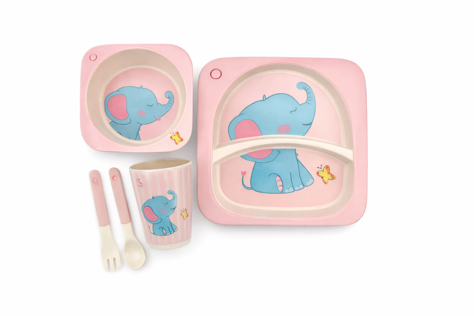 Set de Vajilla Infantil Elefante con Plato, Bowl, Vaso y Cubiertos