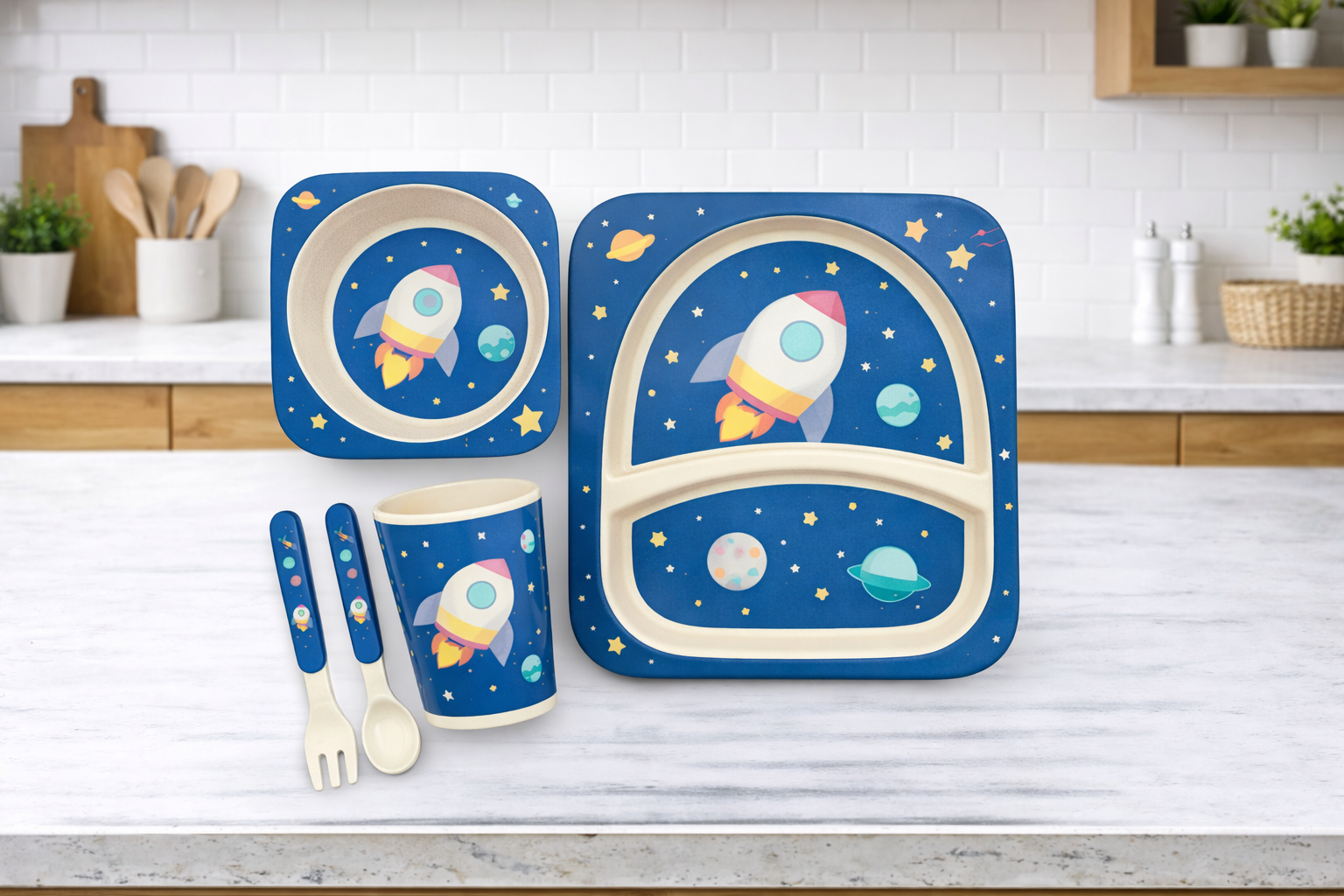 Set de Vajilla Infantil Espacio con Plato, Bowl, Vaso y Cubiertos