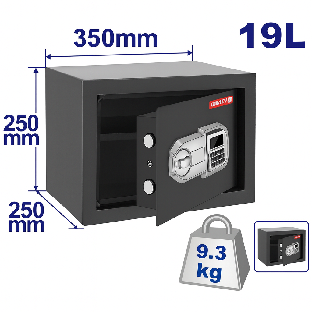 Caja fuerte electrónica 19L con código digital programable y opción de montaje en pared o piso