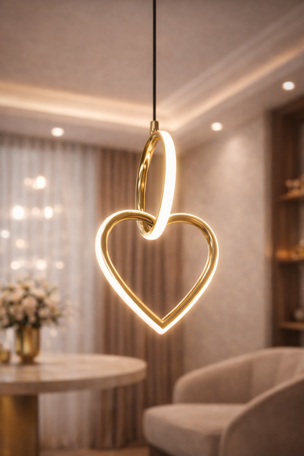 Lámpara LED Colgante "Amor Moderno" - Diseño de Corazón y Aro Dorado