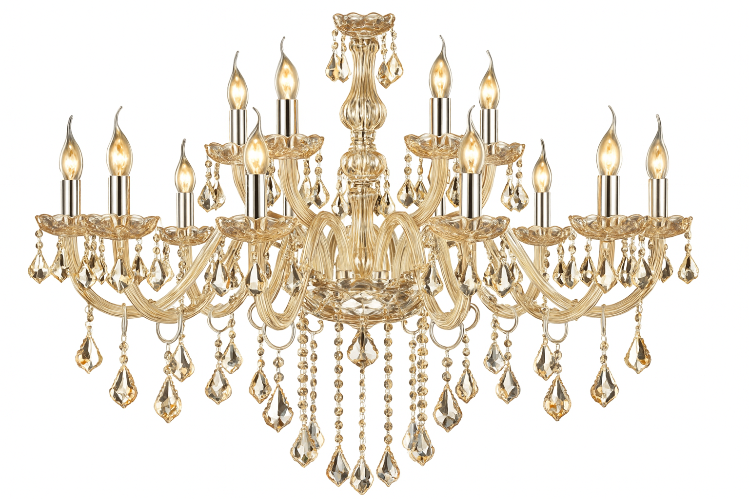 Lámpara colgante tipo candelabro de cristal | E12 – Cromo electrochapado y color coñac