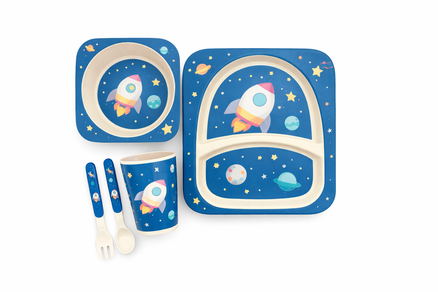 Set de Vajilla Infantil Espacio con Plato, Bowl, Vaso y Cubiertos