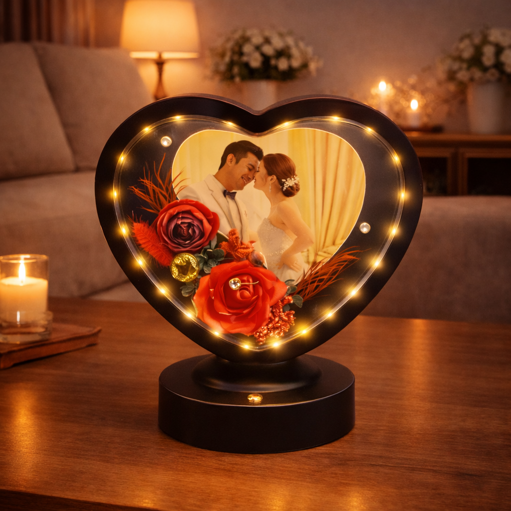 Portarretrato decorativo con luz LED corazon negro