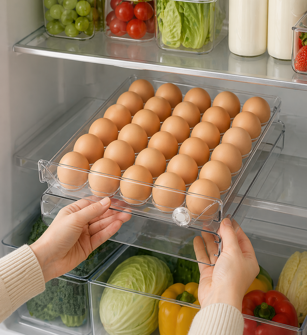 Caja Organizadora de Huevos con Temporizador – Transparente | Tamaño Grande 30 × 7 × 25 cm