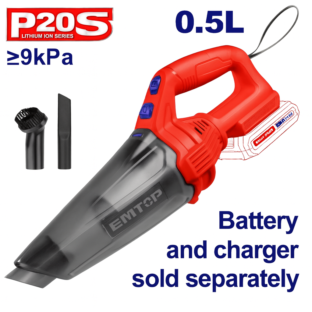 Aspiradora inalámbrica EMTOP 20V con capacidad de 0.5 L y accesorios para limpieza versátil