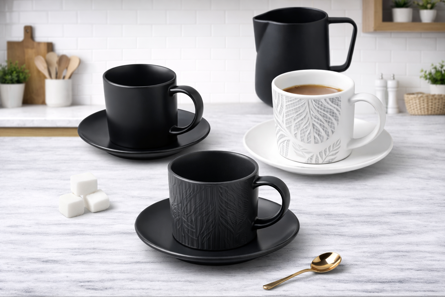 Juego de tazas y platos de cerámica.