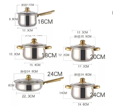 Set de Ollas 6 Piezas POTWYD31017020 – Acero Inoxidable SUS201, Resistentes y Elegantes (16/16/20/22/24/24 cm)