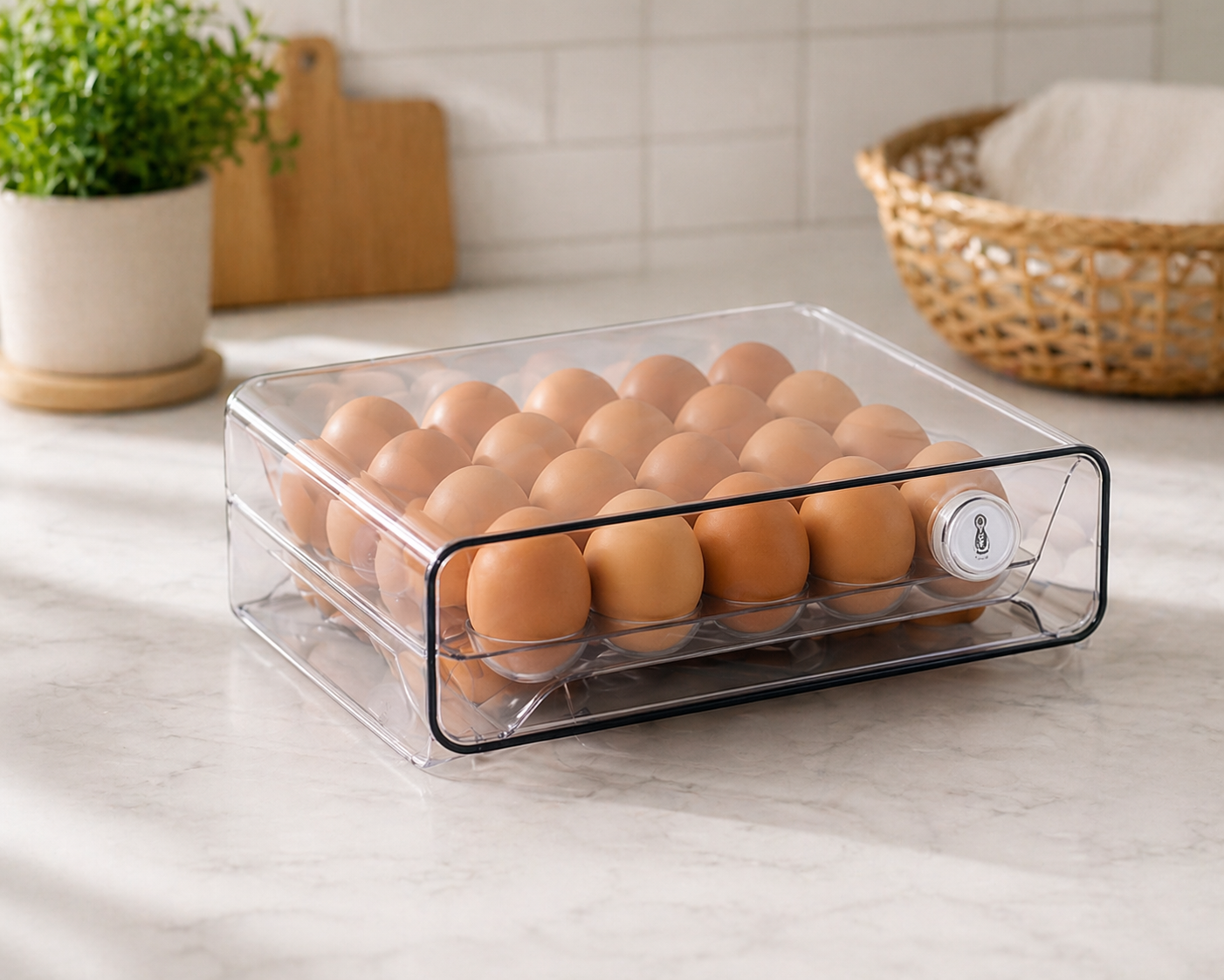 Caja Organizadora de Huevos con Temporizador – Contenedor Grande Transparente | 30 × 14 × 25 cm