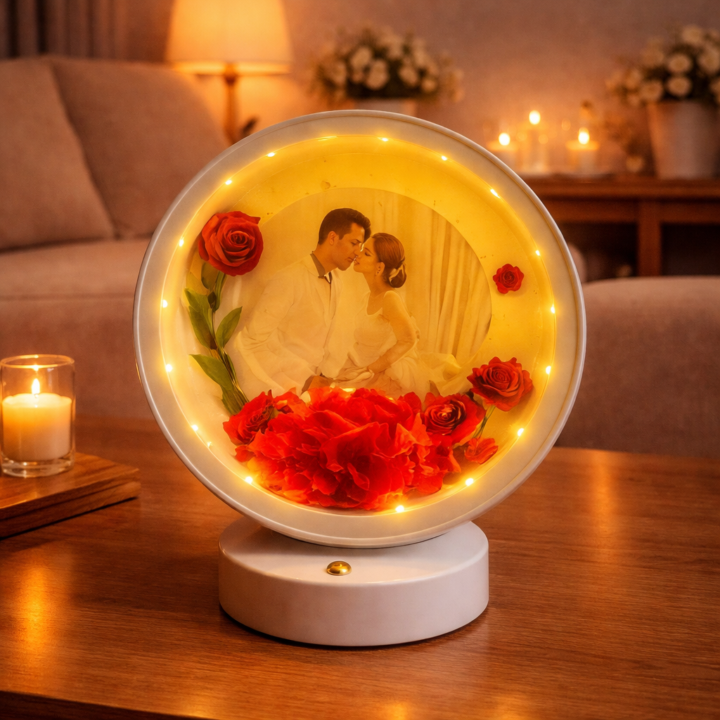 Portarretrato decorativo con luz LED rosas rojas
