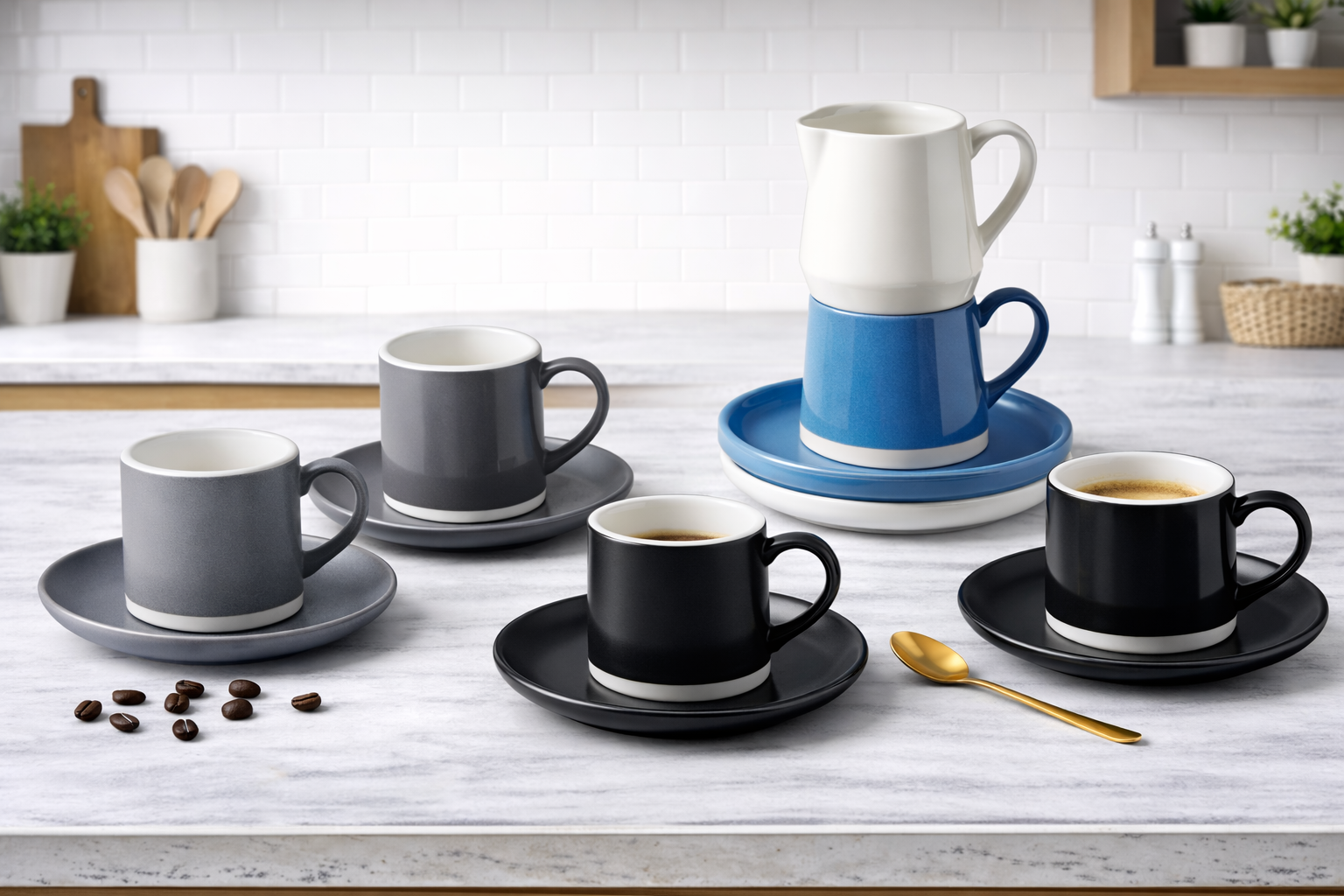 Juego de tazas y platos de cerámica.