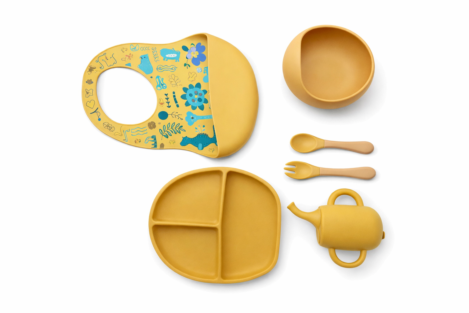 Juego de platos y cubiertos de silicona.