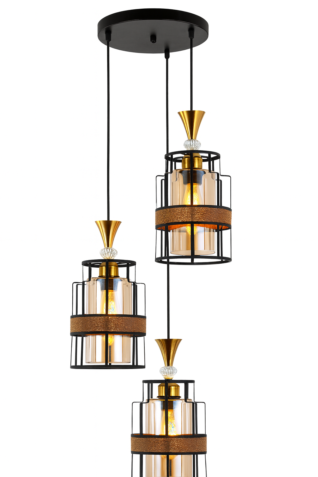 Lámpara colgante de 3 copas negro y marrón | Diseño moderno E27, cable 1.2 m, hierro con acabado elegante