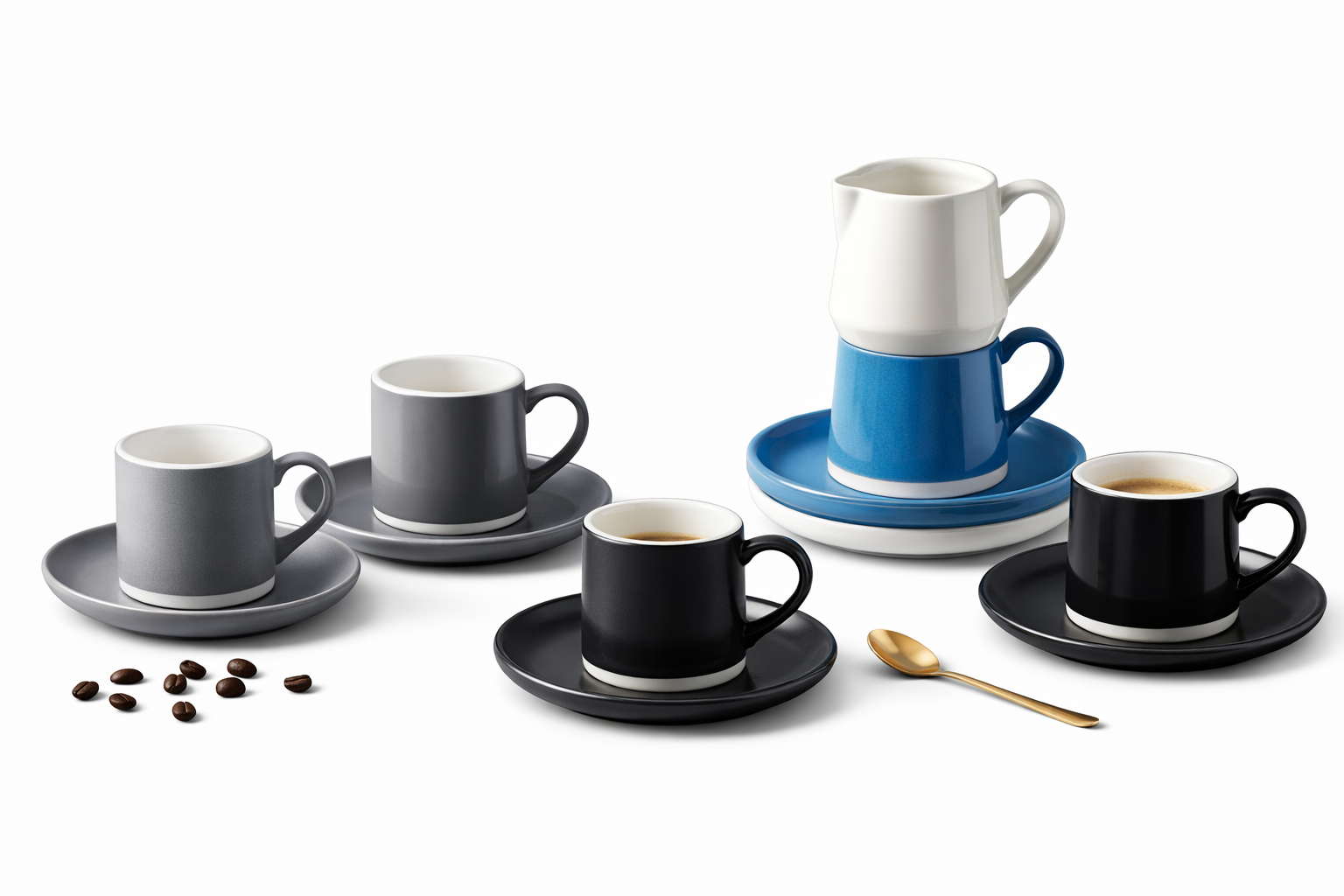 Juego de tazas y platos de cerámica.