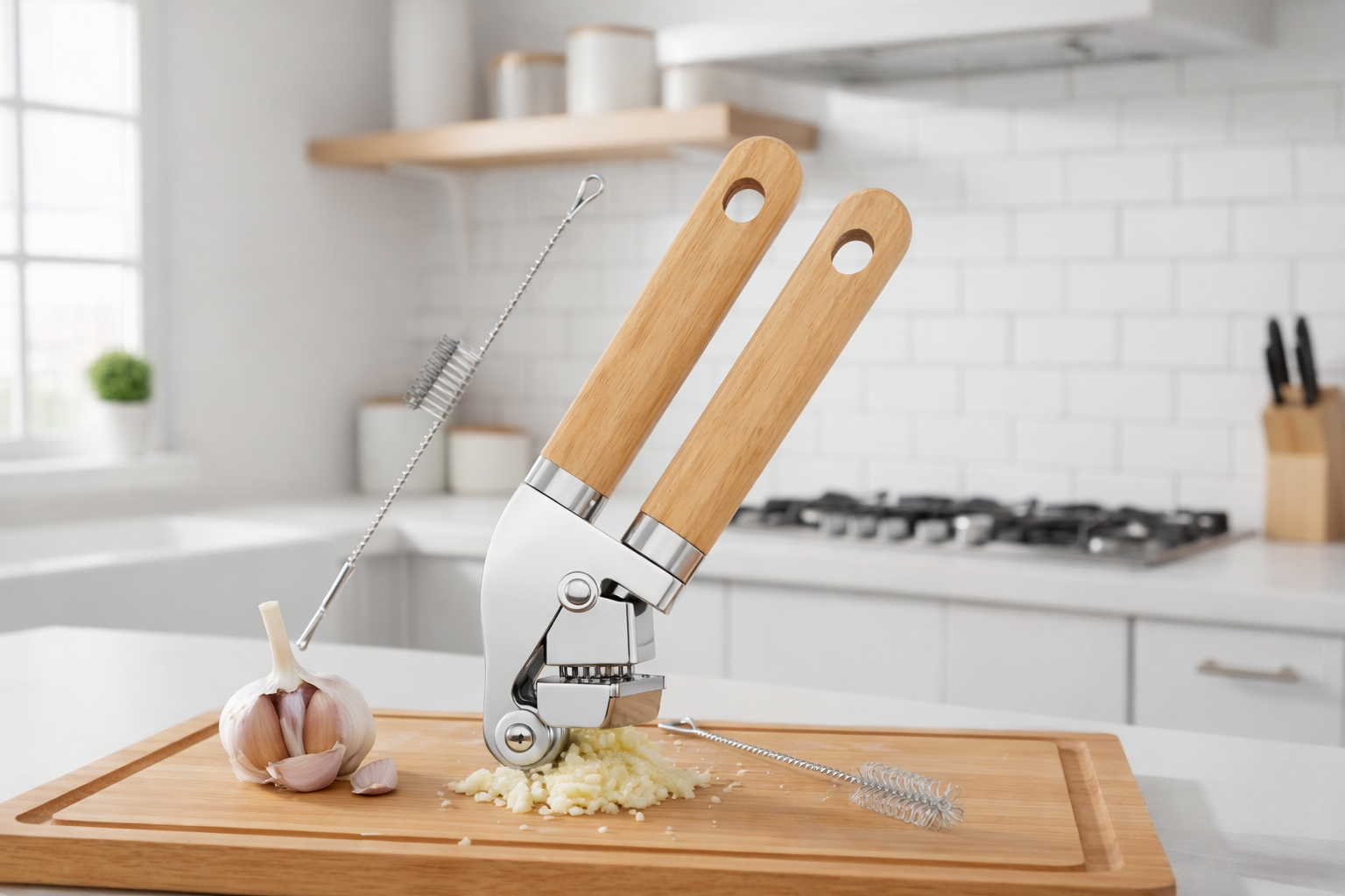Prensador de Ajo de Acero con Mango de Madera