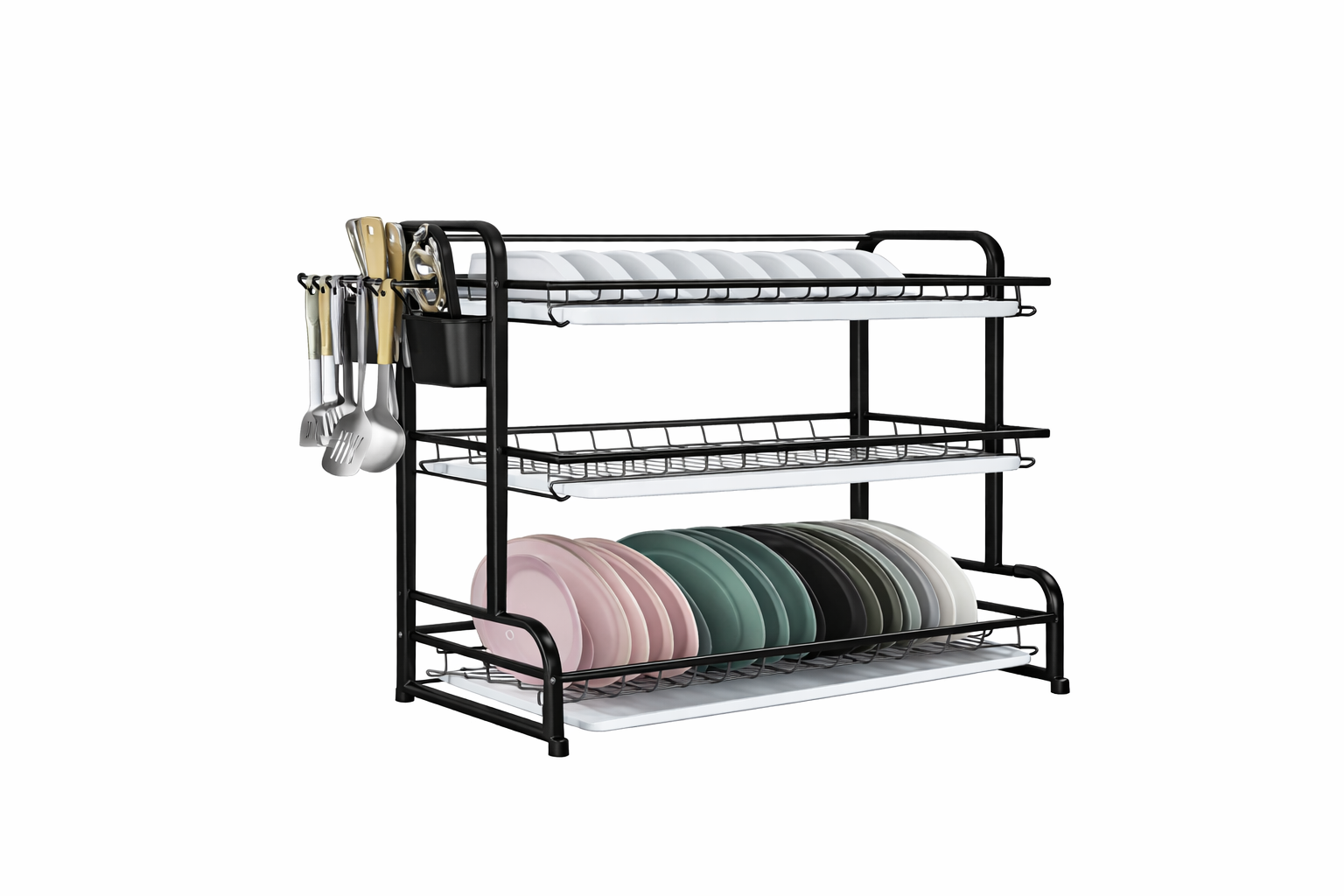 Estante de platos negro de tres niveles