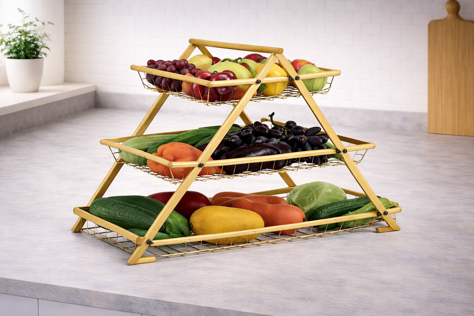 Cesta de frutas de tres niveles dorada