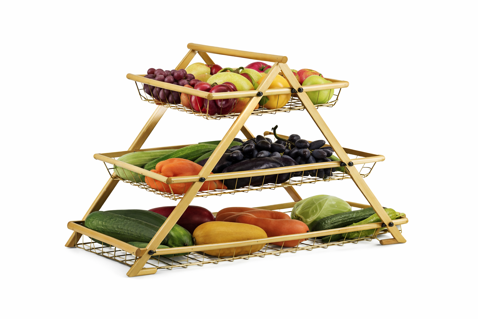 Cesta de frutas de tres niveles dorada