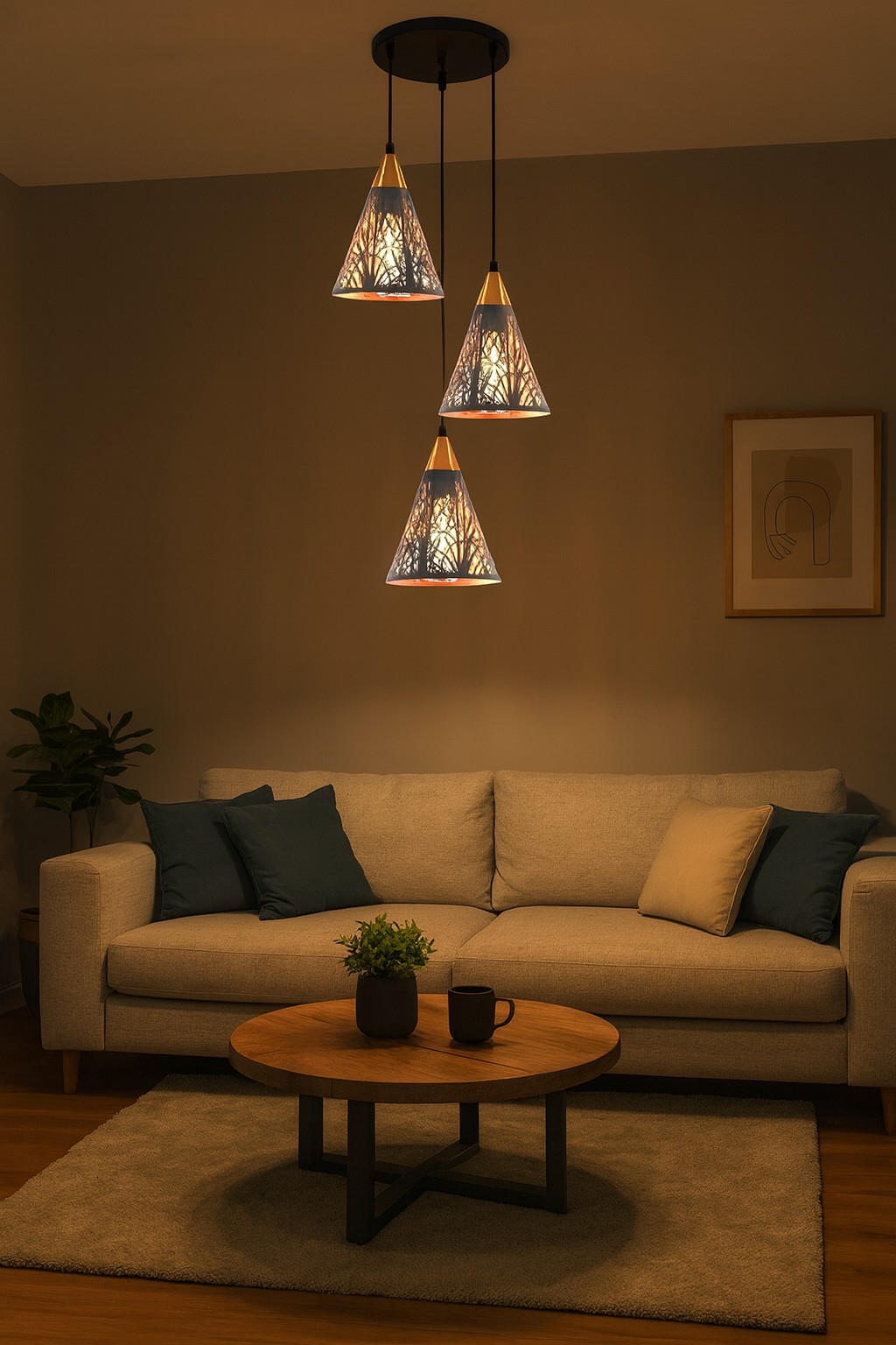 Lámpara Colgante de 3 Copas –  (Negro + Dorado)