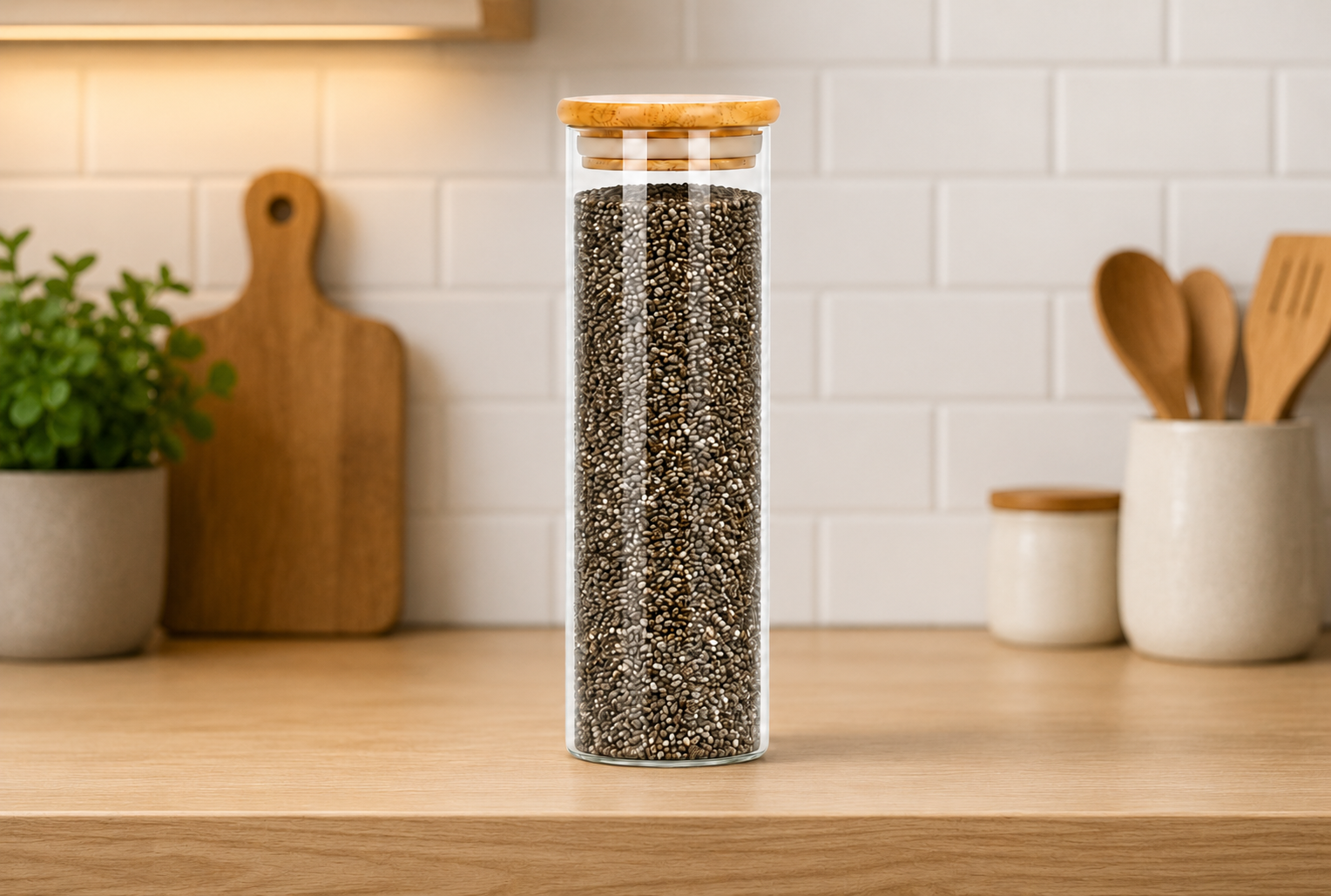 Tarro de vidrio cilíndrico con tapa de bambú | 6.5*20 cm