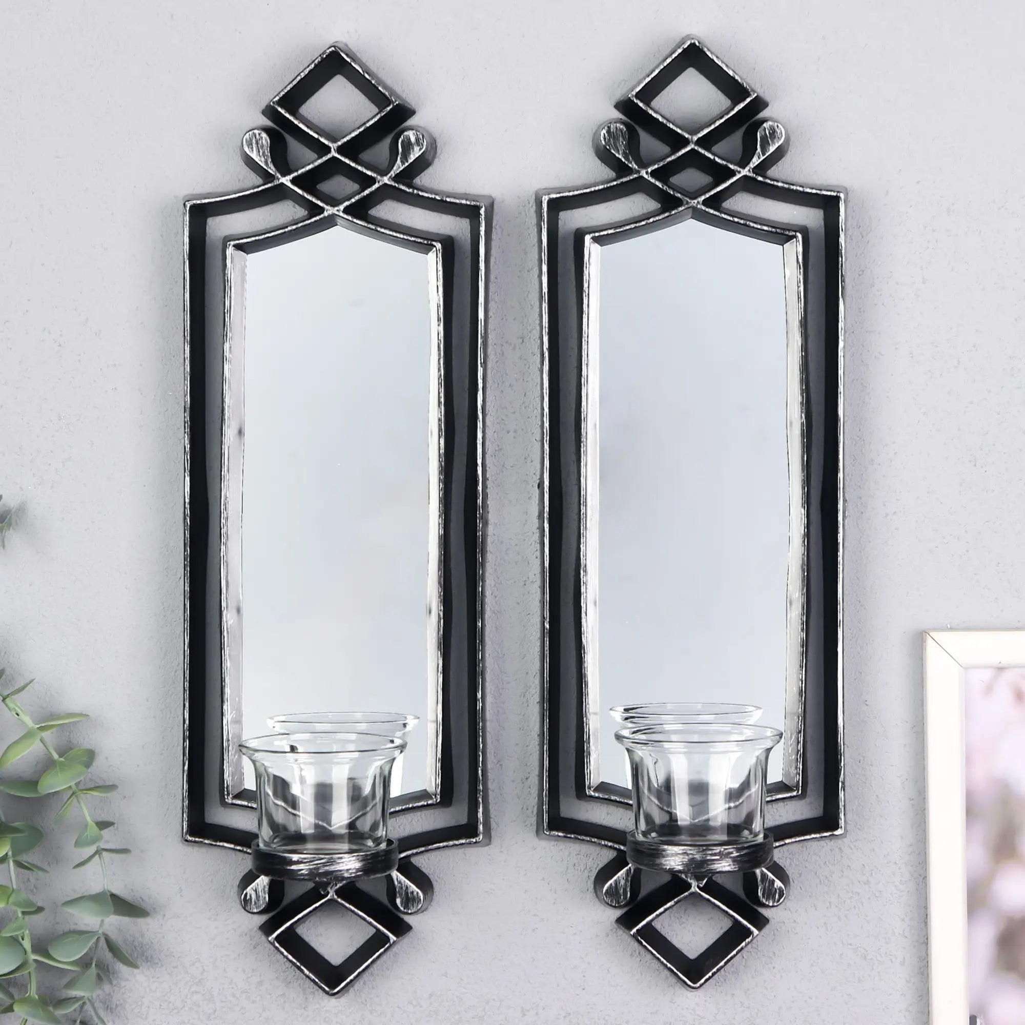 Espejo Decorativo con Portavelas “Mirror Light” Plateado – Juego de 2 | Diseño Elegante para el Hogar