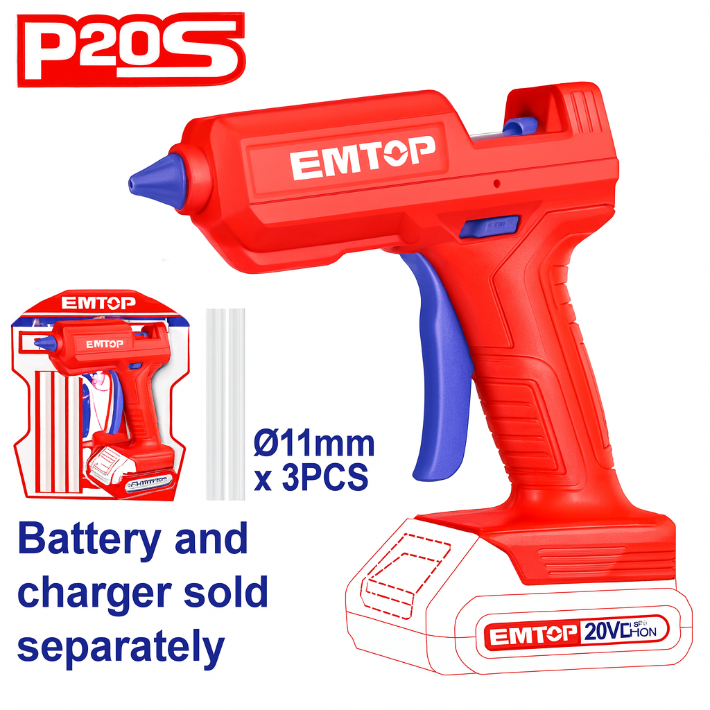 Pistola de silicón inalámbrica EMTOP 20V con calentamiento rápido (60 s) y 3 barras incluidas