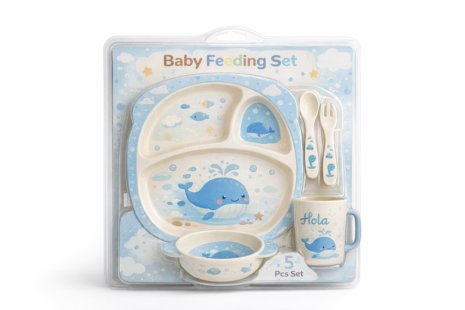 Juego de plato y vaso y bowl y cubiertos